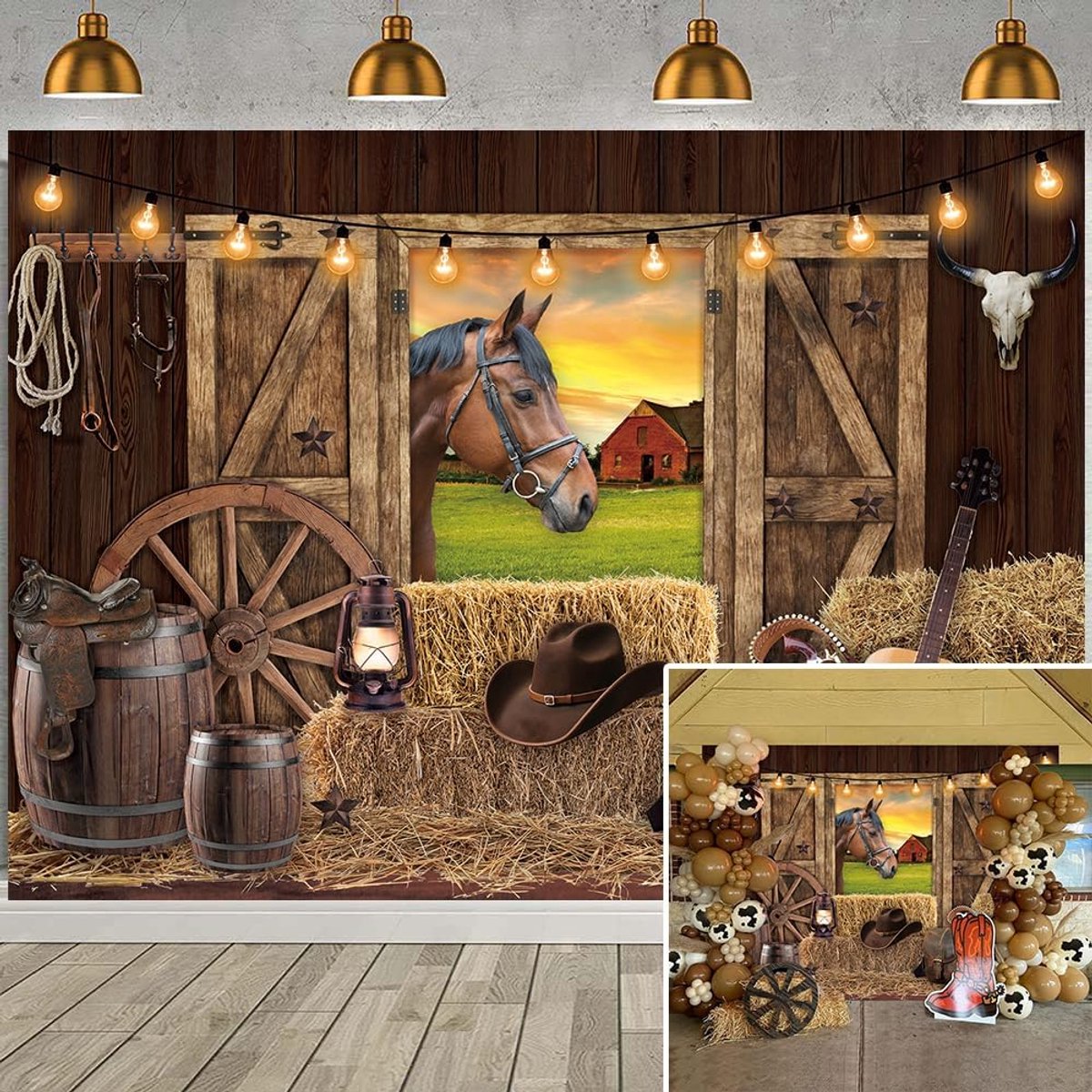 cowboy-achtergrond, rustieke houten huis, schuur, fotografie-achtergrond voor kinderen en volwassenen, cowboythema, babyborrel, feestdecoraties, banner (240 x 180 cm)