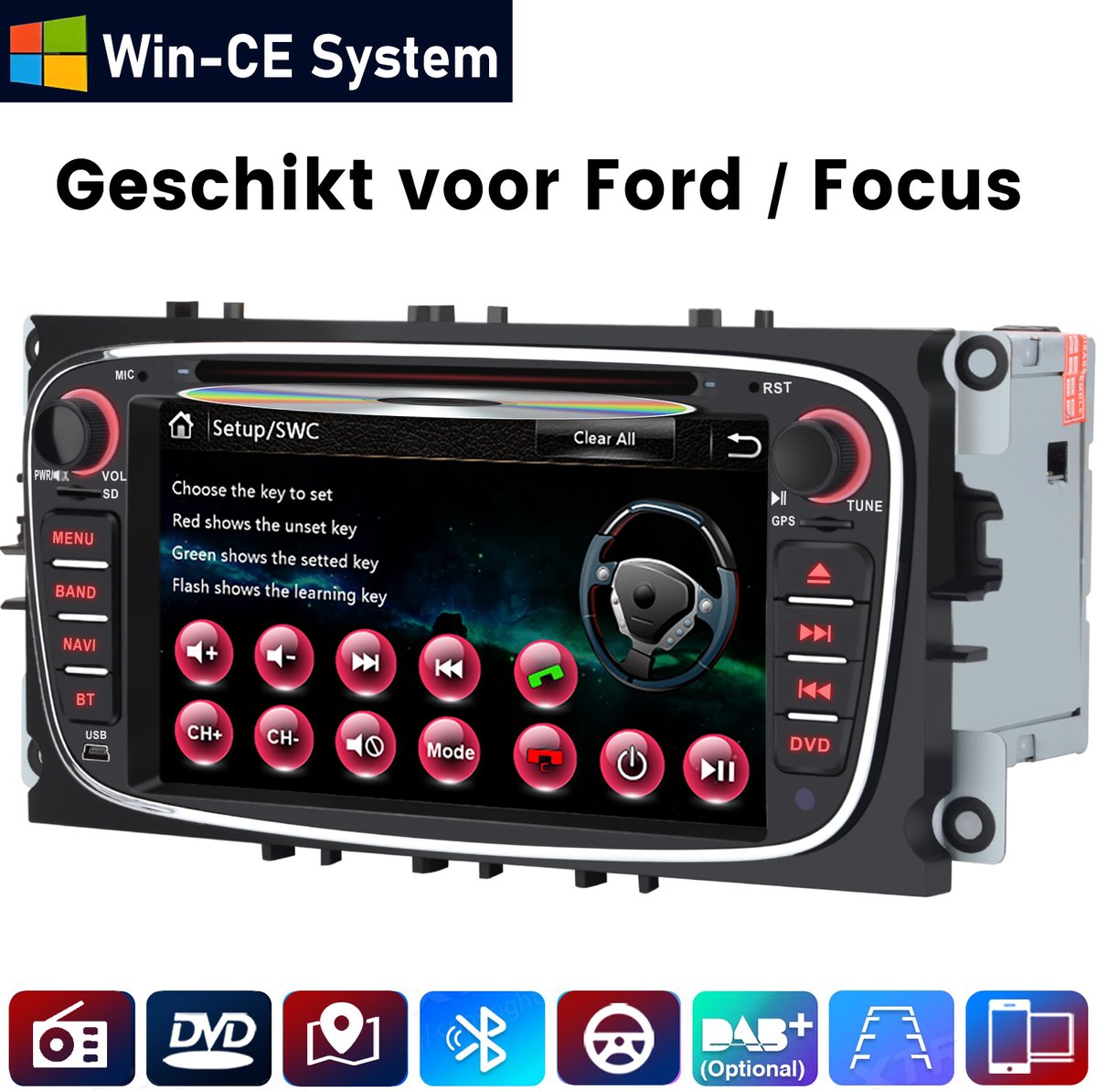 Junsun Wince 6.0 Autoradio met CD DVD Geschikt voor Ford Focus - GPS-Navigatiesysteem - Stuurwielbediening - Bluetooth - 7-inch Touchscreen - 32 GB SD-kaart - FM