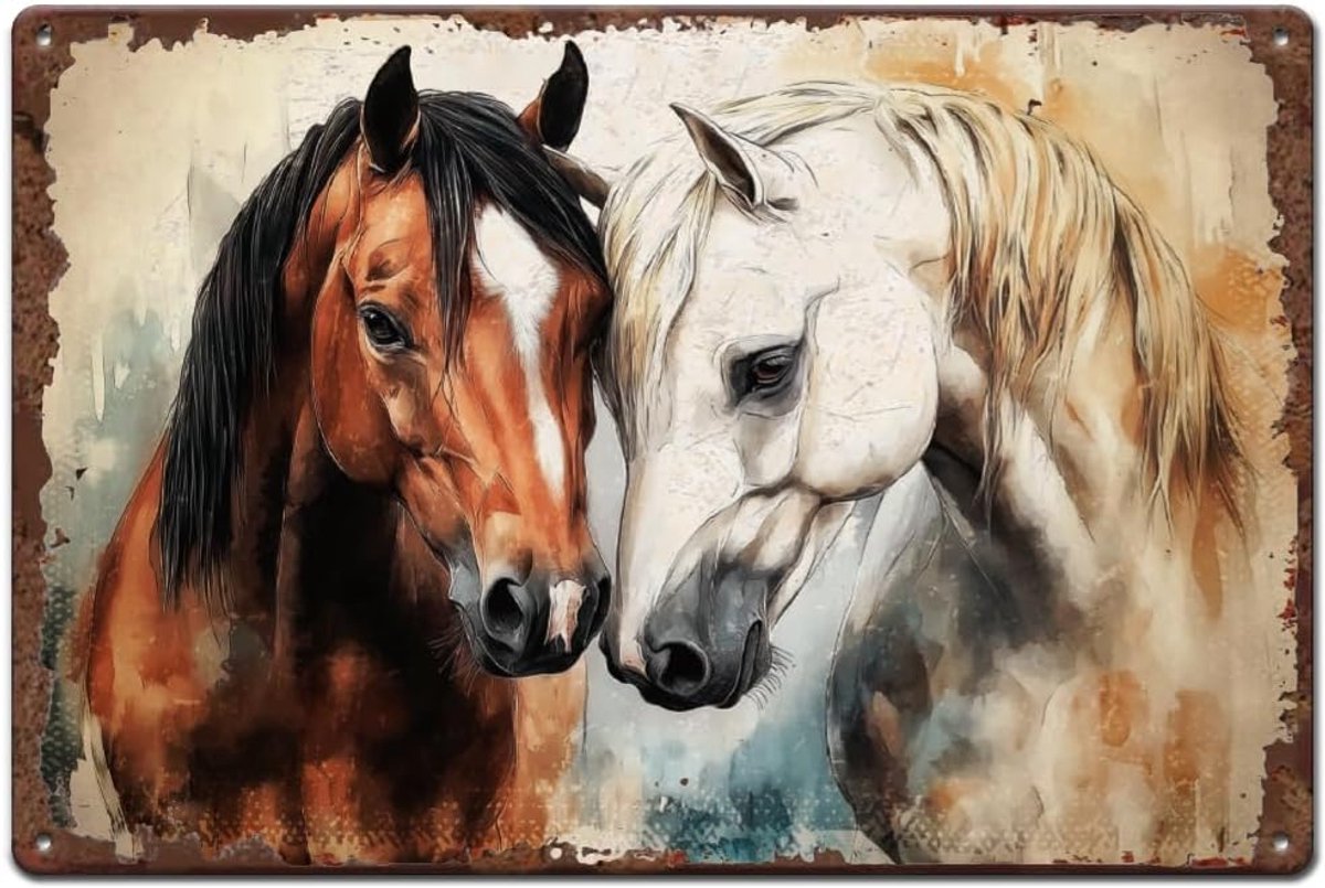 Paard metalen borden olieverfschilderij stijl tinnen borden dier vintage tinnen borden land paard vintage muurkunst grappige retro decoratie voor boerderij woonkamer slaapkamer stal retro