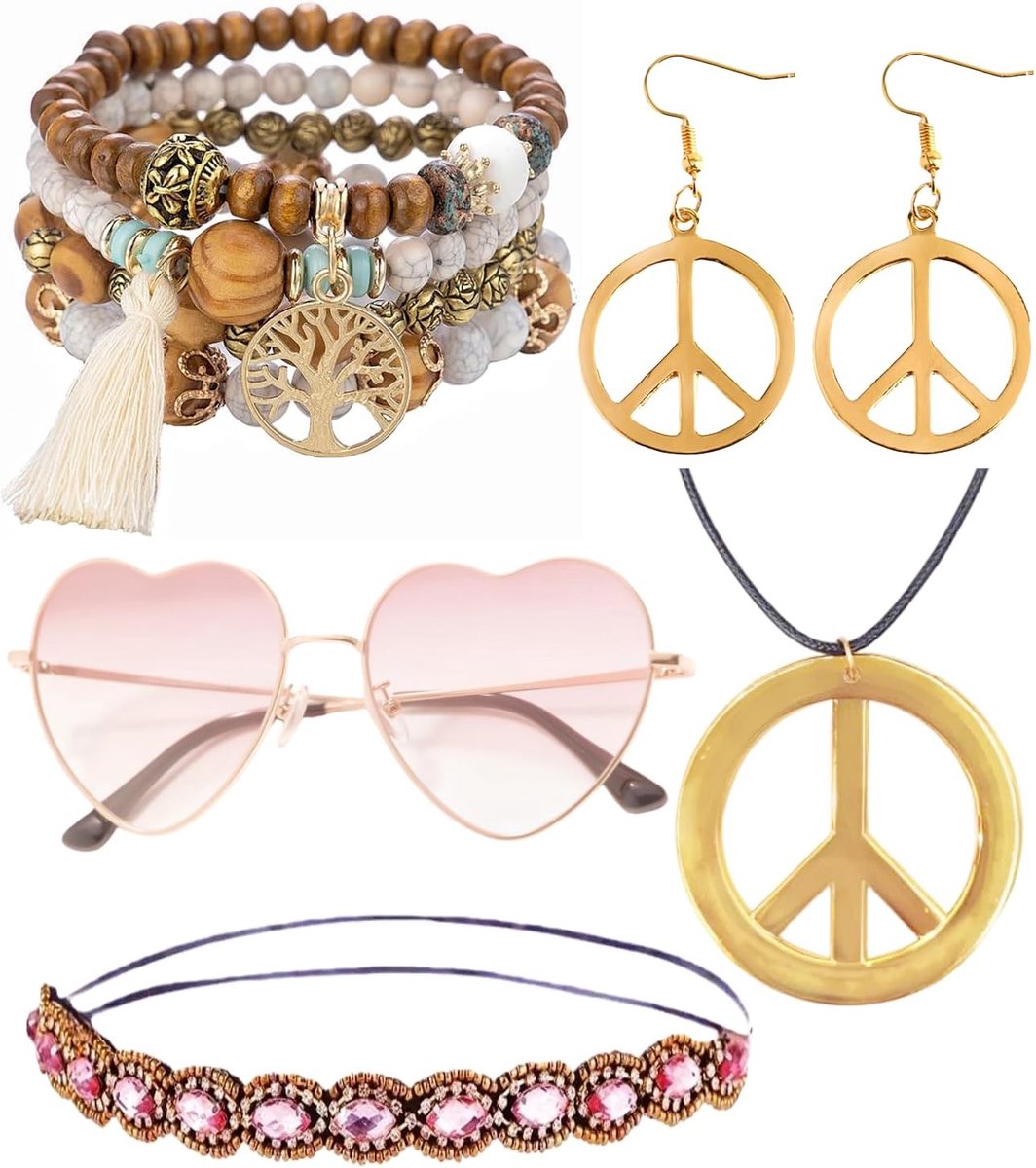kasahara Hippieaccessoires, 5-delige set, hippiekostuum dameskleding, jaren 60 en 70 kleding, Abba-kostuum, accessoires, carnavalskostuums, dames, boho-accessoires