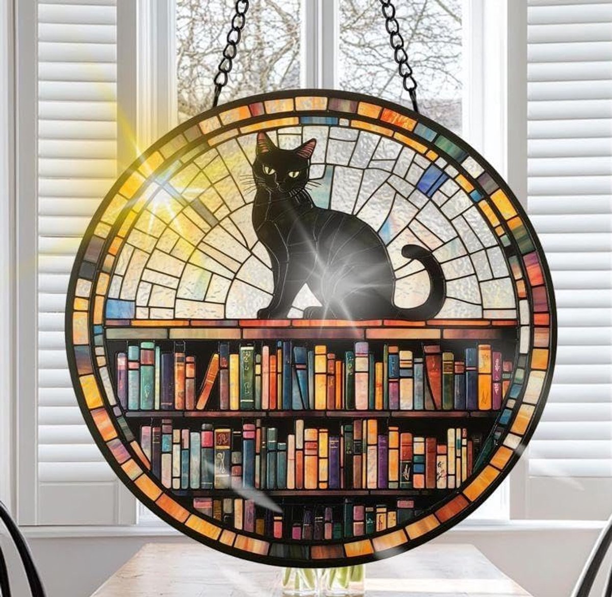 Zonnevanger, zwarte kat, boekenrek, zonnevanger, raamdecoratie, hangend voor woonkamer, kantoor, hal, boekenliefhebbers, cadeaus voor boekenclub, boekenliefhebbers, 20 x 20 cm