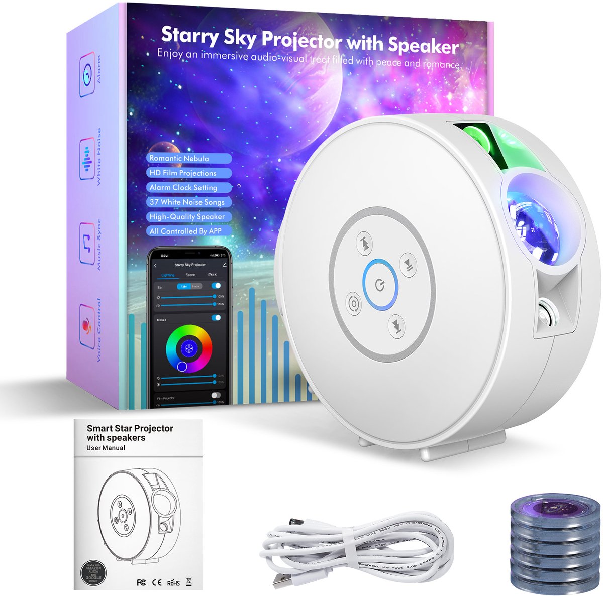 BlitzWill BW-PLT2 Sterrenprojector - Smart Galaxy Projector met RGB Nebula, Bluetooth Speaker, Witte Ruis, 6 HD Projectieschijven, Alexa & Google Home