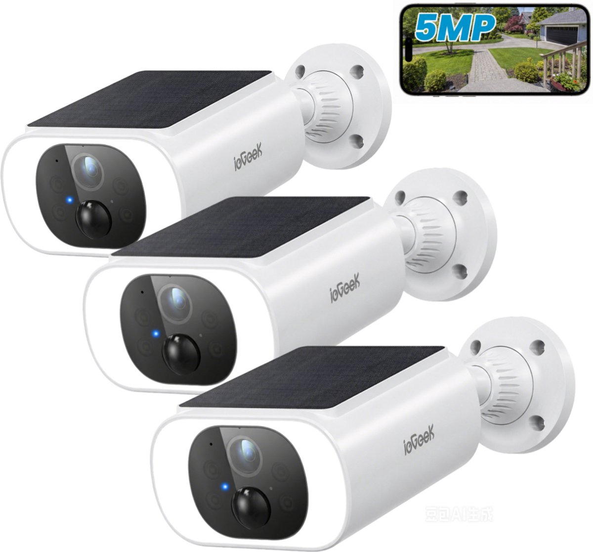 ieGeek 5MP HD Buiten Bewakingscamera - Batterij Wi-Fi - HD Draadloze Bewakingscamera met Zonnepaneel - PIR Bewegingsdetectie en Alarm - Kleuren Nachtzicht - Ondersteund door Alexa - 2-Weg Audio - 3PCS