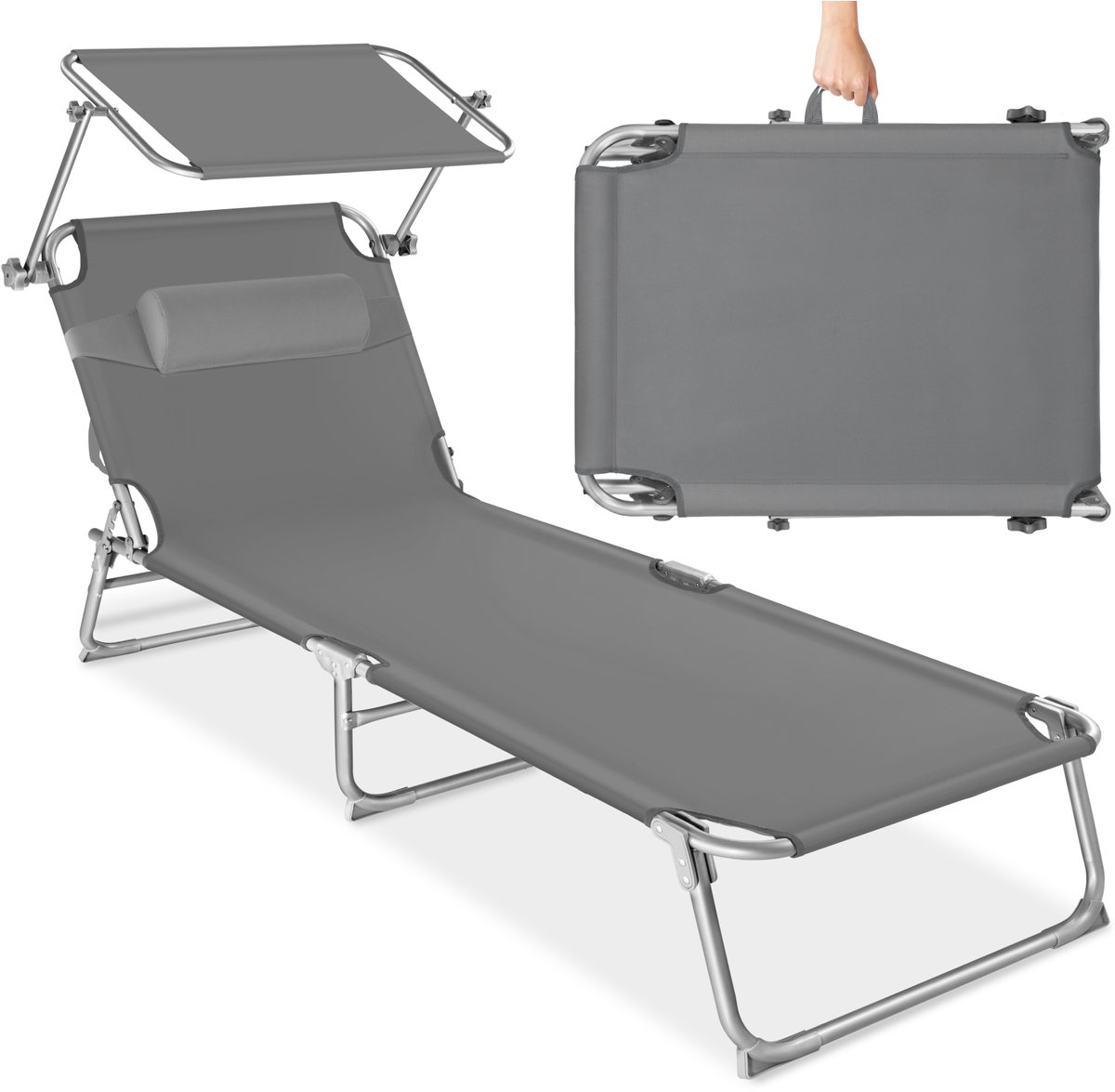 Bol.com tectake® Ligstoel met Zonnescherm - Opvouwbaar Ligbed - Zonnebed met Verstelbare Rugleuning in 4 Standen - Inclusief Hoo... aanbieding
