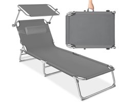tectake® Ligstoel met Zonnescherm - Opvouwbaar Ligbed - Zonnebed met Verstelbare Rugleuning in 4 Standen - Inclusief Hoofdkussen - Strandstoel voor Buiten - Ideaal voor Tuin, Zwembad, Camping - Grijs