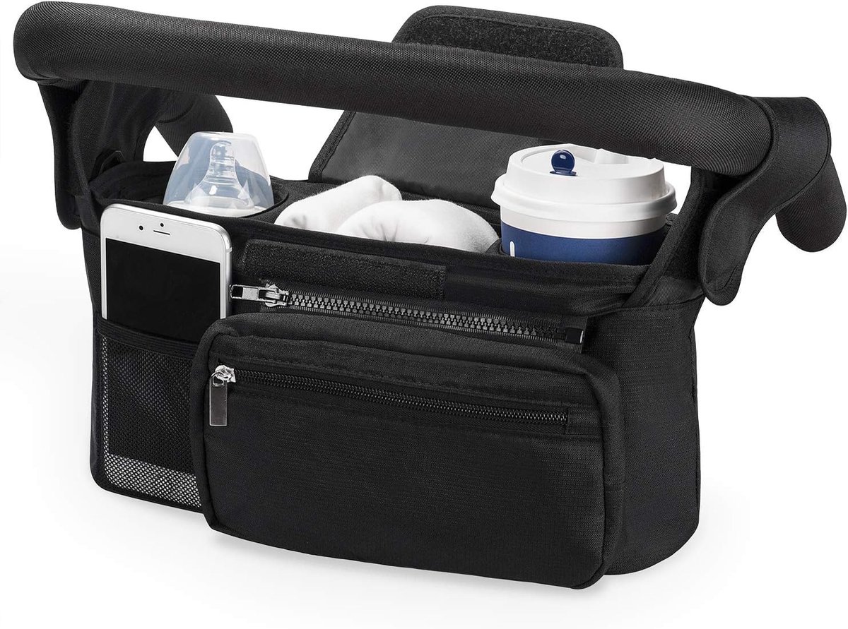 Buggy- en kinderwagen-organizer, universeel, met geïsoleerde bekerhouder, kinderwagentas, babyaccessoires met ritsvak, schouderriem en opbergruimte voor luiers en mobiele telefoons, zwart