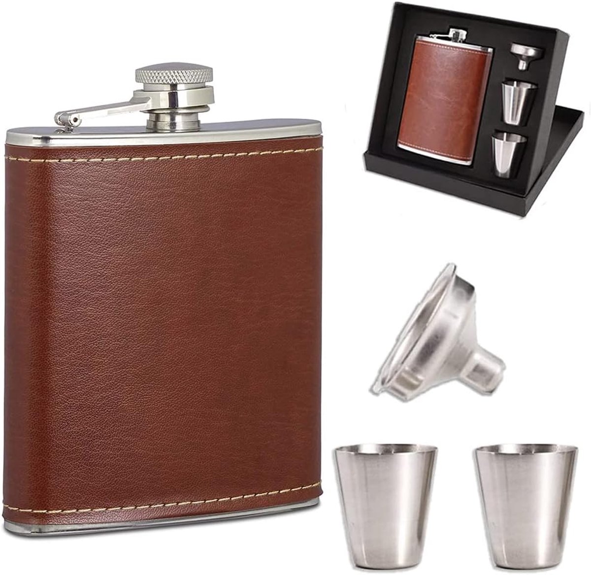 8oz roestvrijstalen borrelfles, bruin draagbare fles van metaal, outdoor heupfles drinkbekerset, trechter heupfles alcohol cadeau, met breng wijnglazen, trechter en geschenkdoos