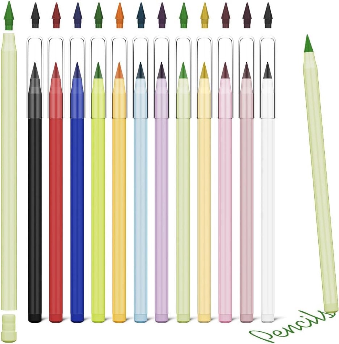 12 Stuks Inktloos Potlood, Kleur Oneindig Potlood, Herbruikbaar Eeuwig Potlood Met 12 Verwisselbare Eeuwige Potlood Verwisselbare Koppen, Tekening, Studenten Thuiskantoor Schoolbenodigdheden | Voor kinderen, volwassenen, thuis, kantoor