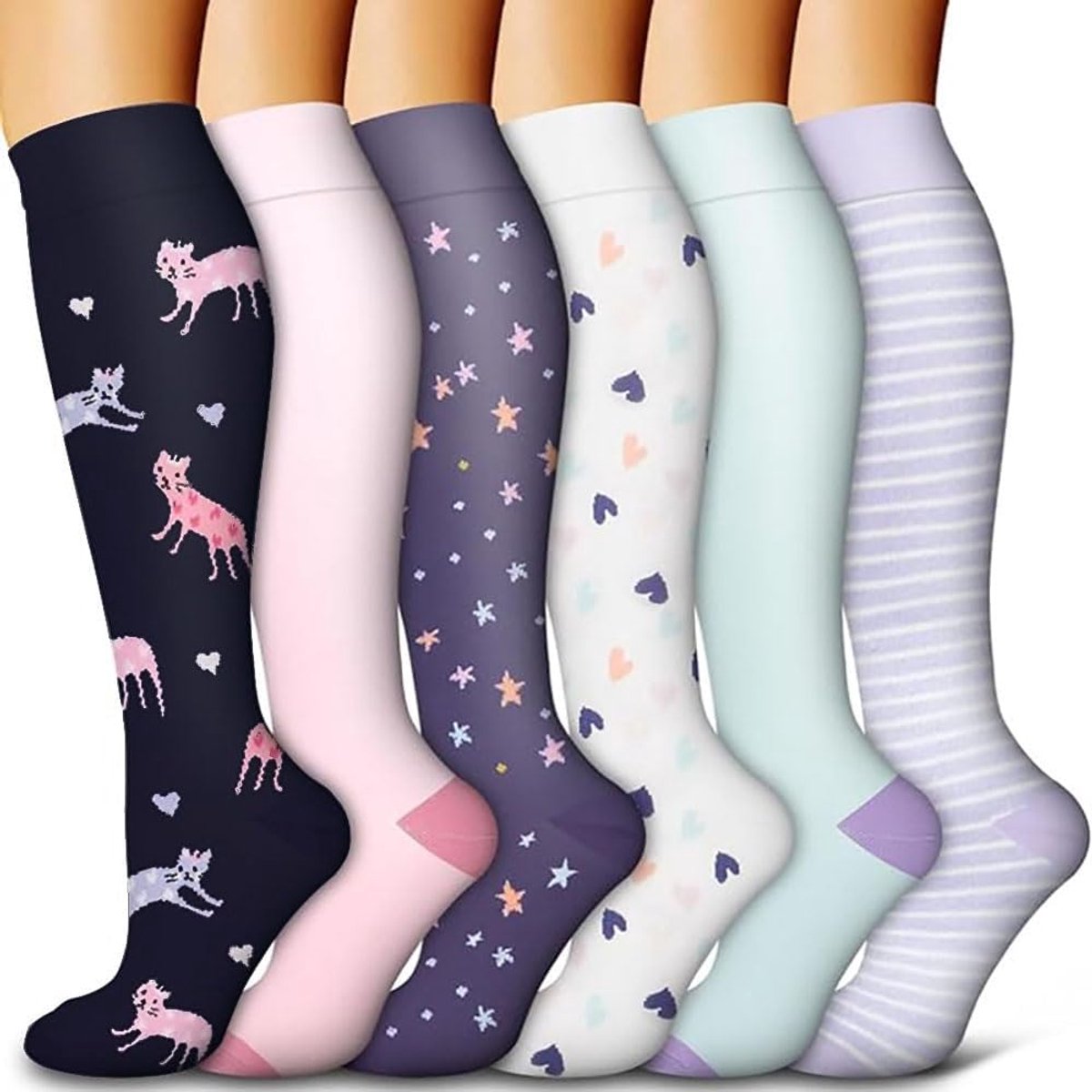 6 paar compressiekousen voor heren en dames, kleurrijke steunkousen voor sport, hardlopen, reizen, wielrennen