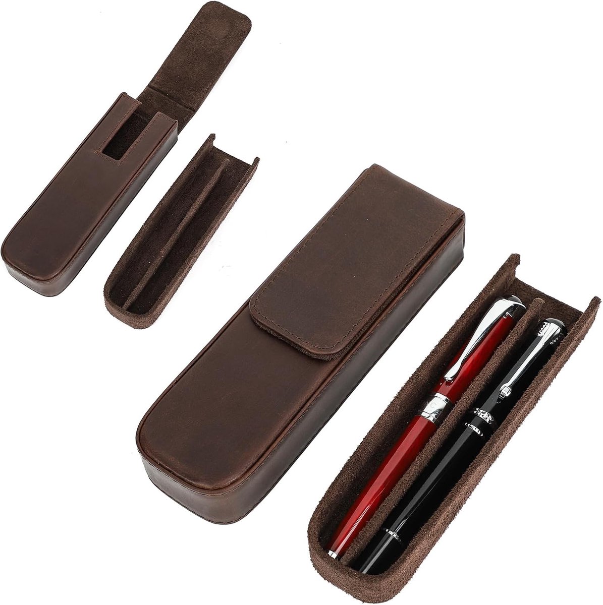 FAMILY Lederen pennenetui, vintage handgemaakte echt lederen vulpen organizer case, pennenopslag geschenkdoos (koffiebruin), 16.8 x 5 x 3 cm