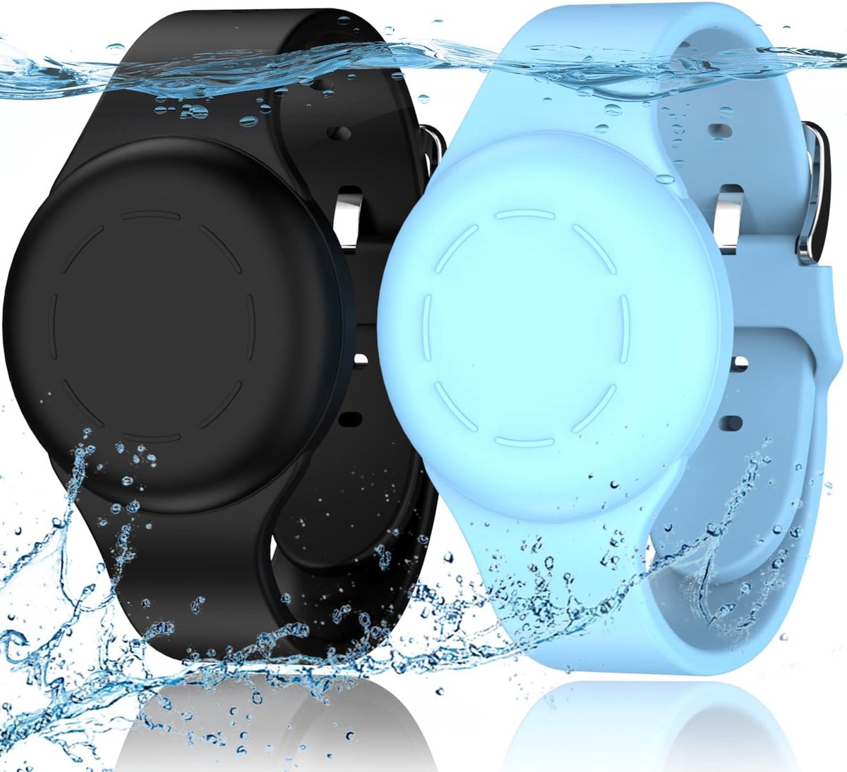 Waterdichte for Air Tag armbanden voor kinderen [2 stuks] Compatibel met Air Tag Tracker met zachte siliconen, anti-verloren GPS-trackers hoes voor kinderen, Zwart/Gloeiend Blauw