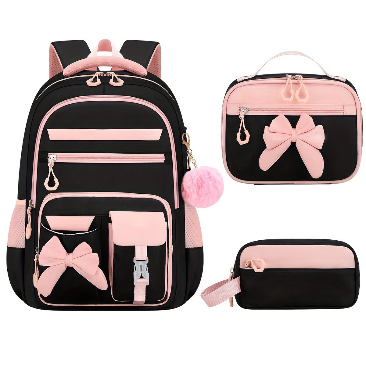 Rugzakken voor meisjes, 3-delige set, inclusief lunchtas en etui, schattige rugzakken voor kinderen en tieners, geschikt voor kleuterschool, basisschool, peuterspeelzaal en middelbare school (zwart en roze).
