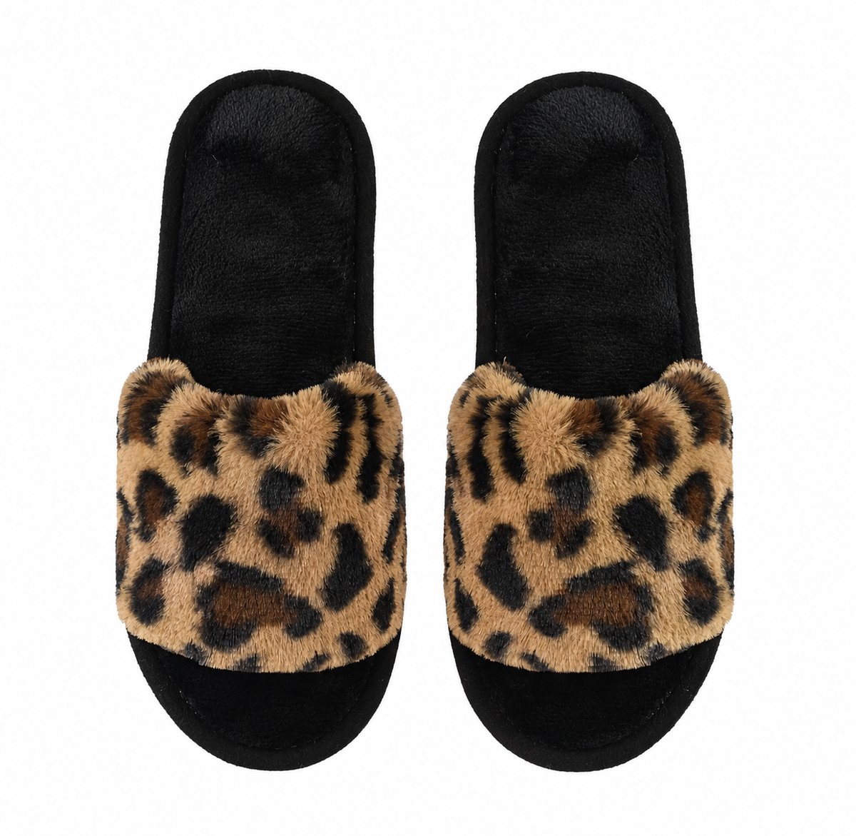 Koffiekleurige dames pantoffels instap slippers pluche luipaard print warme huis slippers zachte zool open teen winter slippers maat 40