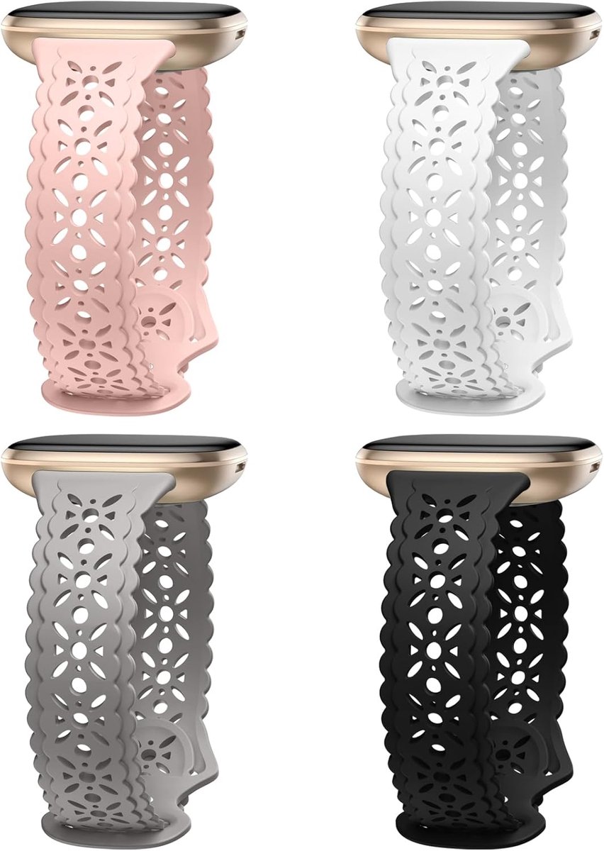 4 Pack Lace Siliconen Bandjes Compatibel met Fitbit Versa 3/Versa 4 Bandjes/Fitbit Sense/Sense 2 Band, Zachte Silm Hollow-out Sport Horlogeband Vervangende Polsbandjes voor Vrouwen Meisjes
