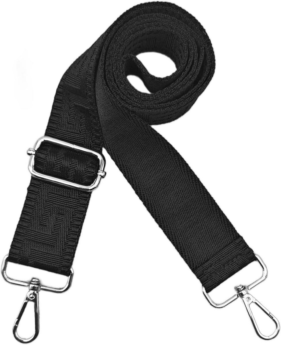 Verstelbare Vervangbare Schouderriem voor Tas, Zwarte Schouderriem met Print 80-140 cm met Zilveren Karabijnhaken, 3,8 cm Breed, voor Laptoptas, Schoudertas, Aktetas en Reistas