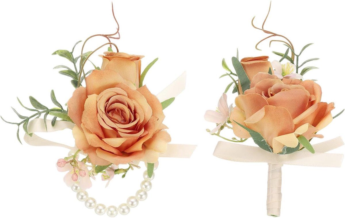 Kunstbloem Pols Corsage en Boutonnieres Set, 1 Set voor Heren Vrouwen Bruidegom Bruidsmeisjes Bruiloft Ceremonie Jubileum Dinerfeest Afstuderen Kerstmis, Oranje
