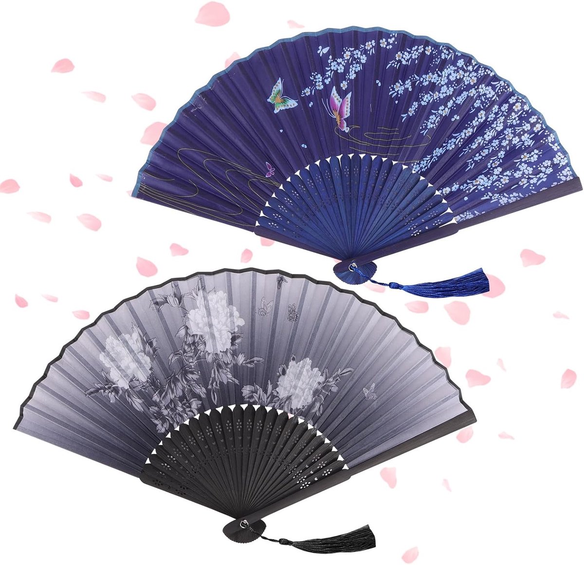 klassiek, 2 stuks, opvouwbaar, stof en bamboe | Met kwastjes, Chinese waaiers voor verjaardag, dans, cosplay, bruiloft, feest, accessoires, decoratie, blauw + wit