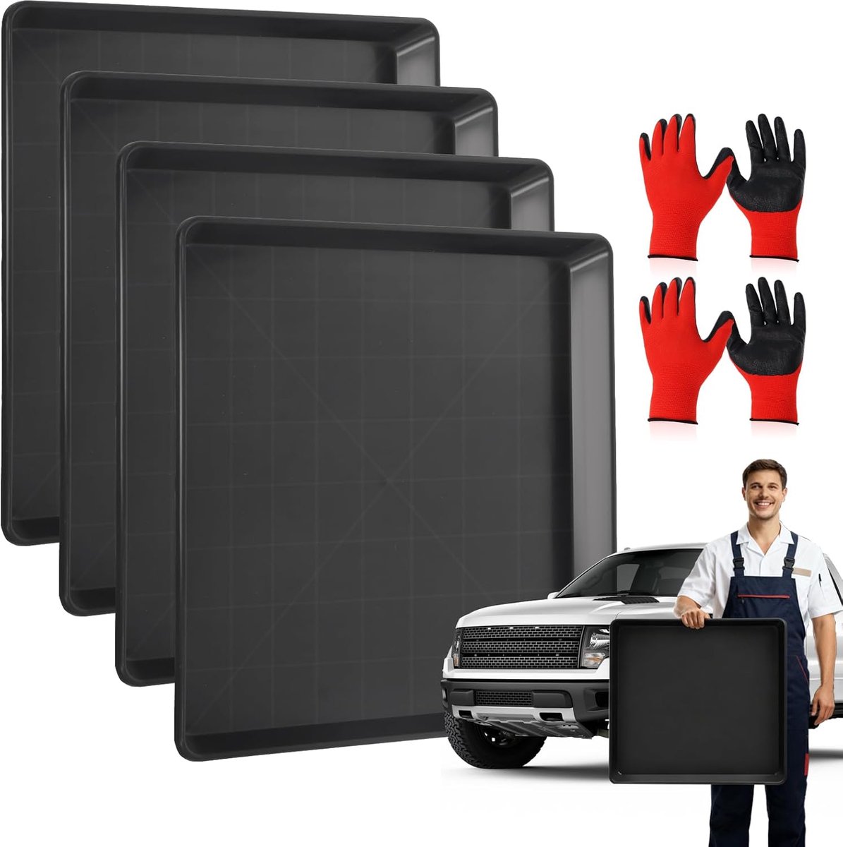 4 opvangbakken voor de auto, 58 x 55 x 3 cm, universeel frame oliebak, motorolieopvangbak, houdt de garage veilig en schoon