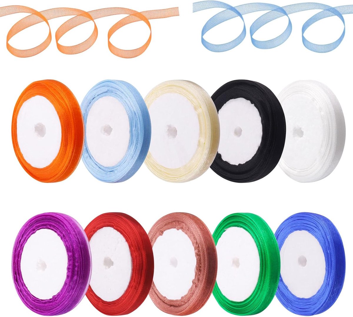 10 stuks 10 kleuren 1 x 25 yards pure organza lint assortimentskit, transparante chiffon stof organza linten voor geschenkverpakking Kerstmis verjaardag bruiloft feest decoratie (1 cm x 23 m)