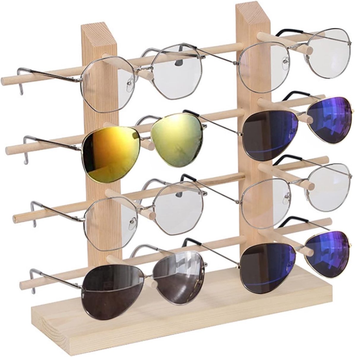 SnelShoppen - Creatief houten zonnebrilrek voor 8 paar brillen, houten displaystandaard, organizer met 2 rijen en 4 lagen, perfect voor zonnebrillen e