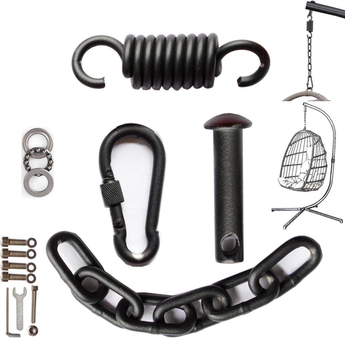 Hangset Terrasschommel - Eierstoel Ophanging - Veilig Ophangen - Inclusief Veer - 250 kg Capaciteit - Zwart