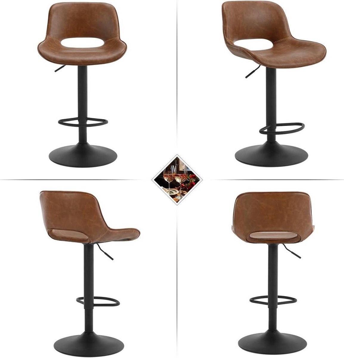 SureDeal® - Barkruk - Hoogte verstelbaar - Tegenkruk - Voetensteun - Imitatieleer metaal - 49x49x84 cm - Bruin