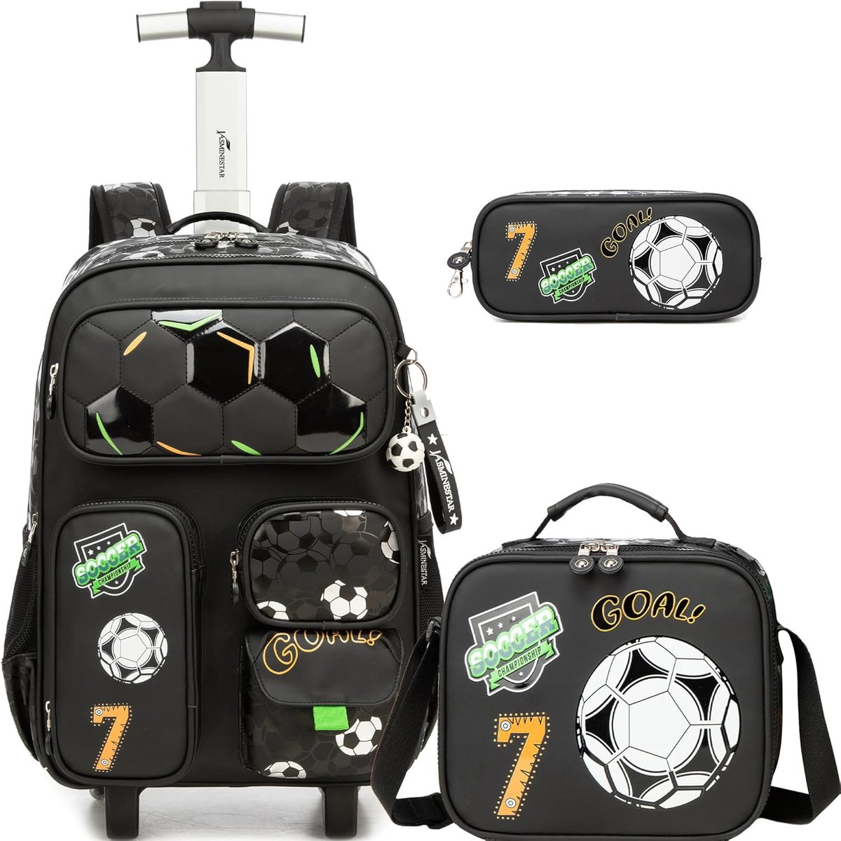 SnelShoppen - HTgroce Schooltas met Wieltjes voor Meisjes - Basisschooltas, Lunchtas, Etui - B-zwart 7 Voetbal - 42 cm - Ideaal voor School, Uitstapje