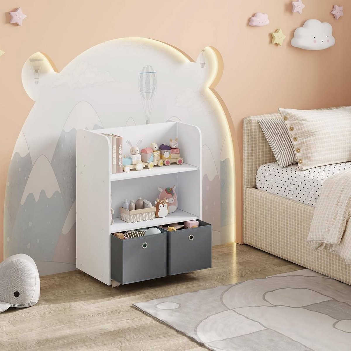 SureDeal® - Verrijdbare - Kinderplank - Boekenkast - Dozen - Wieltjes - Hout - Wit - 62,5x40x82,5 cm