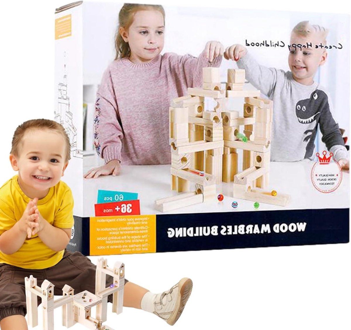 Houten Kralenbaan - Bouwspeelgoed Educatief - Cognitieve Vaardigheden - 60 Delen - 25.6 cm - Houtkleur