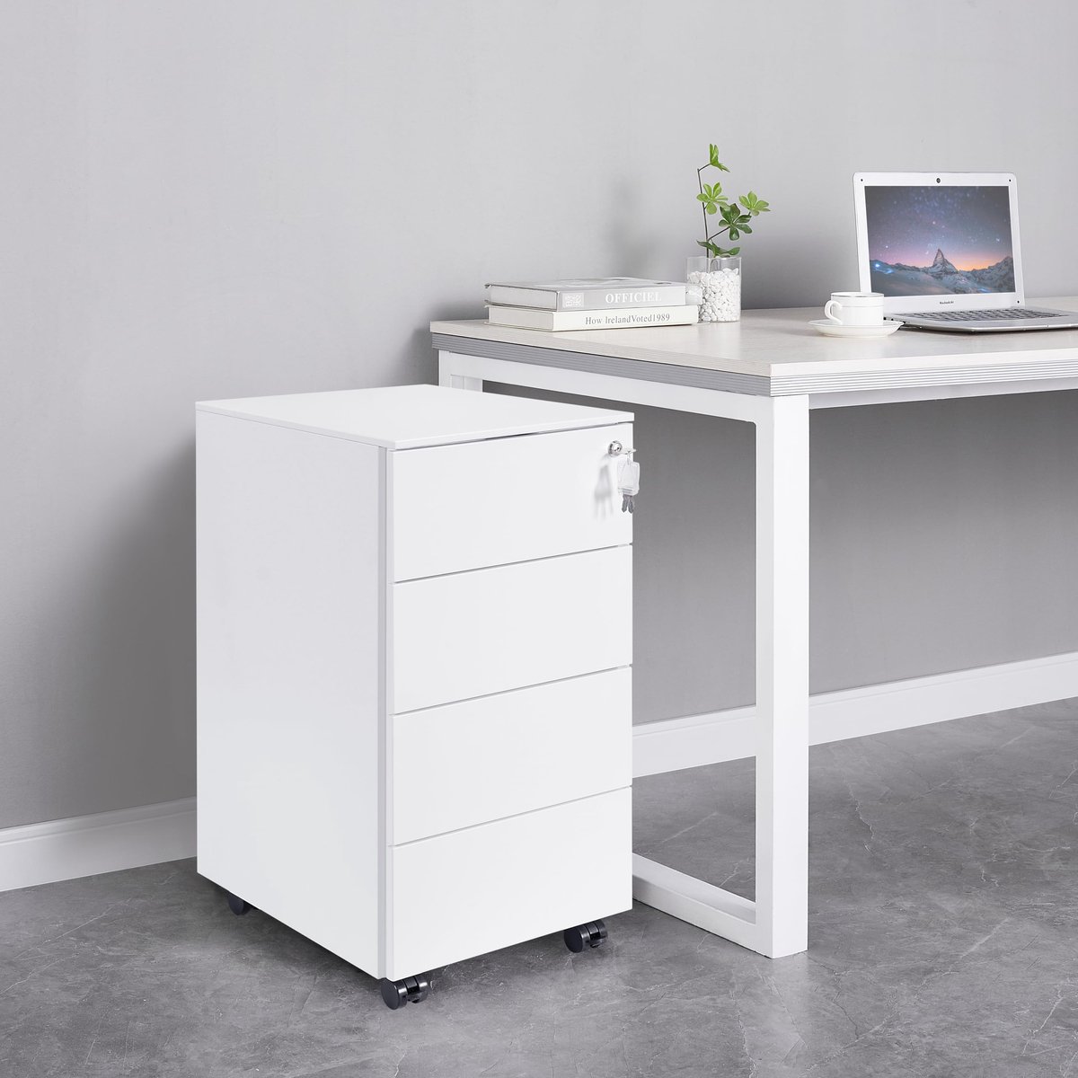 SnelShoppen - Bureaukast met 4 Laden, Afsluitbaar en Mobiele Opbergdoos voor Thuiswerk en Kantoor, Bureaulade met Sleutels, Perfect voor Organisatie e