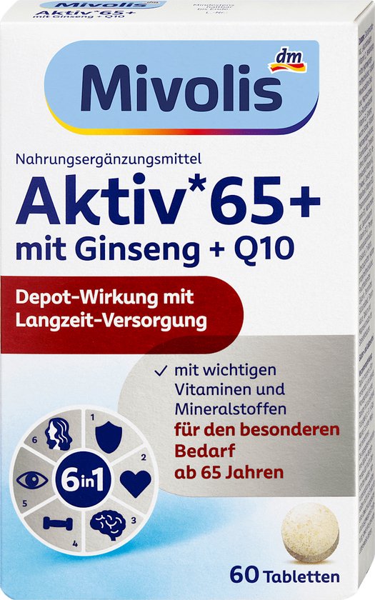 Mivolis Aktiv 65+ met Ginseng + Q10, 60 tabletten. Voedingssupplement met 6in1, vitaminen en mineralen.