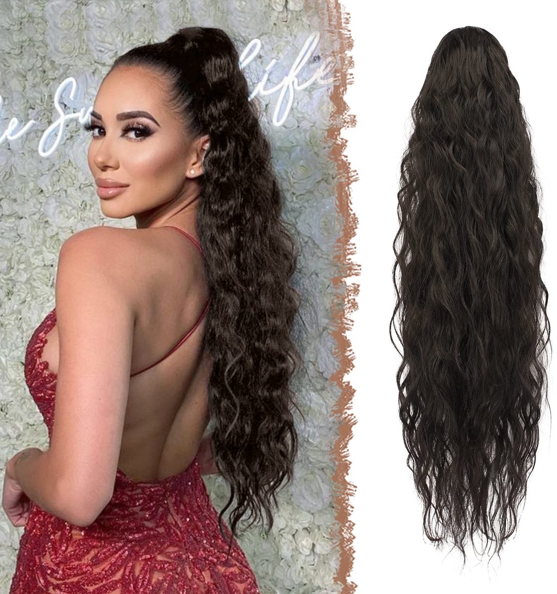 SnelShoppen - Lange vlecht, paardenstaart, haarextensie met trekkoord, lang, golvend, krullend, natuurlijk zwart, synthetische haarverlenging, clip-in