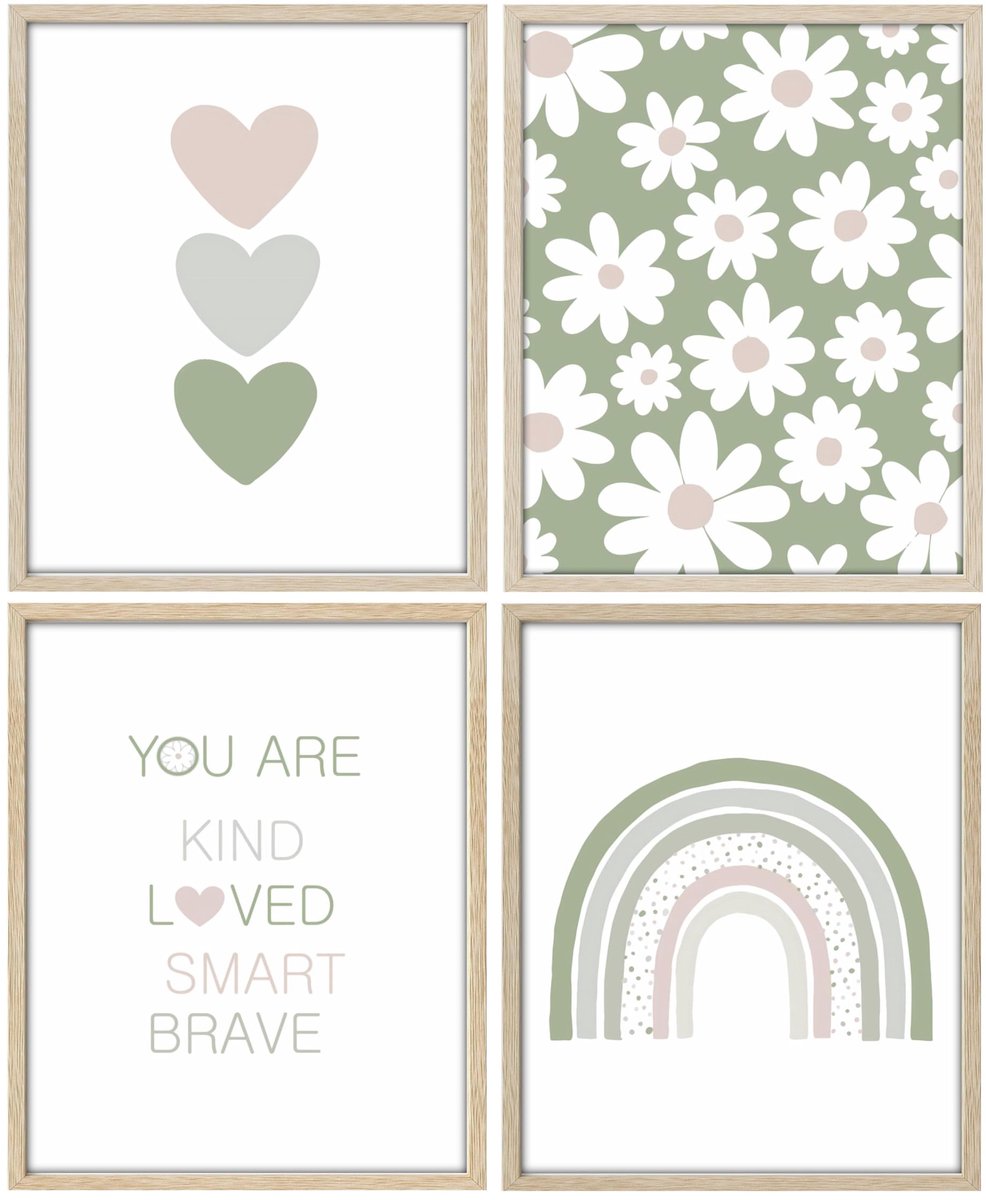 SnelShoppen - Roze en groene kunst aan de muur voor kinderen, meisjeskamer decoratie, madeliefje regenboog hart posters, set van 4, niet ingelijst, 20