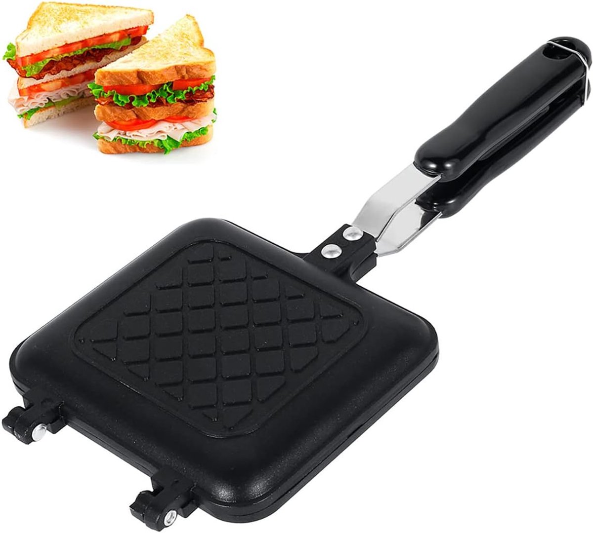 KZQ Stapelbare sandwichpers – Dubbelzijdige sandwichmaker met antiaanbaklaag voor op het fornuis – Hittebestendige handgreep – Geschikt voor camping en keuken – Eenvoudig te reinigen – Zwart