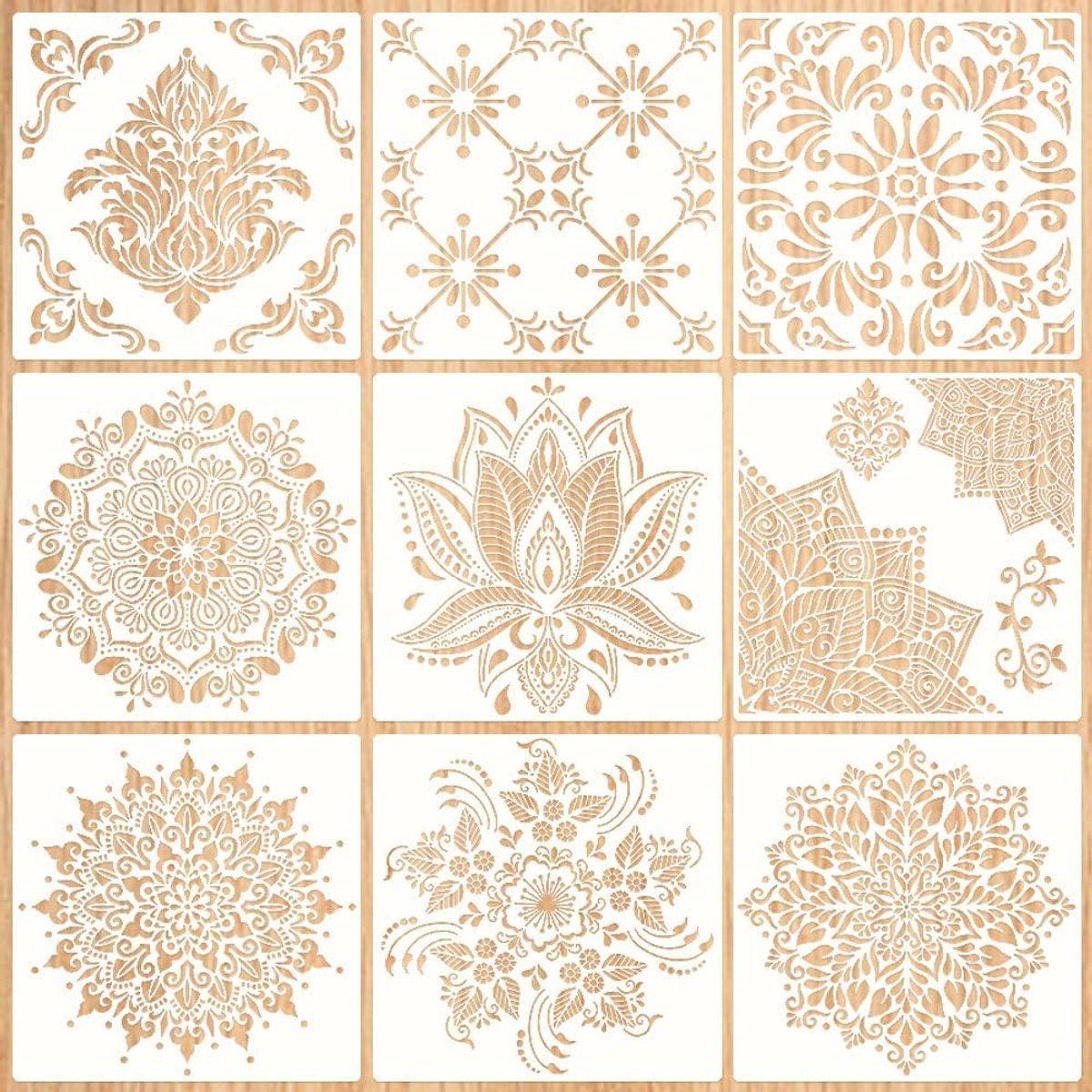 SnelShoppen - 9 Stuks Grote Mandala-Sjablonen Set - Herbruikbare Kunststof Schildersjablonen - Bloemen Wandsjablonen om Zelf te Schilderen - DIY Handw