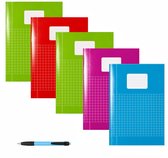 Schriften A4 Ruitjes 10mm - Met Kantlijn - Set van 5 stuks - Felle kleuren - Inclusief GRATIS Balpen - GRATIS verzonden