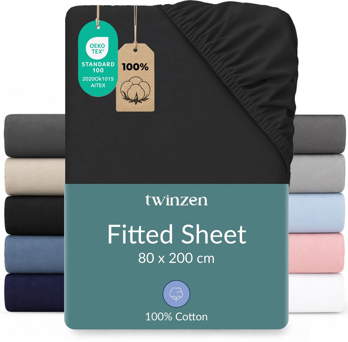SnelShoppen - Twinzen Hoeslaken 80x190/200 cm - 100% Katoenjersey, Zwart - Oeko-Tex Gecertificeerd Eenpersoons Hoeslaken voor Comfortabel Slapen