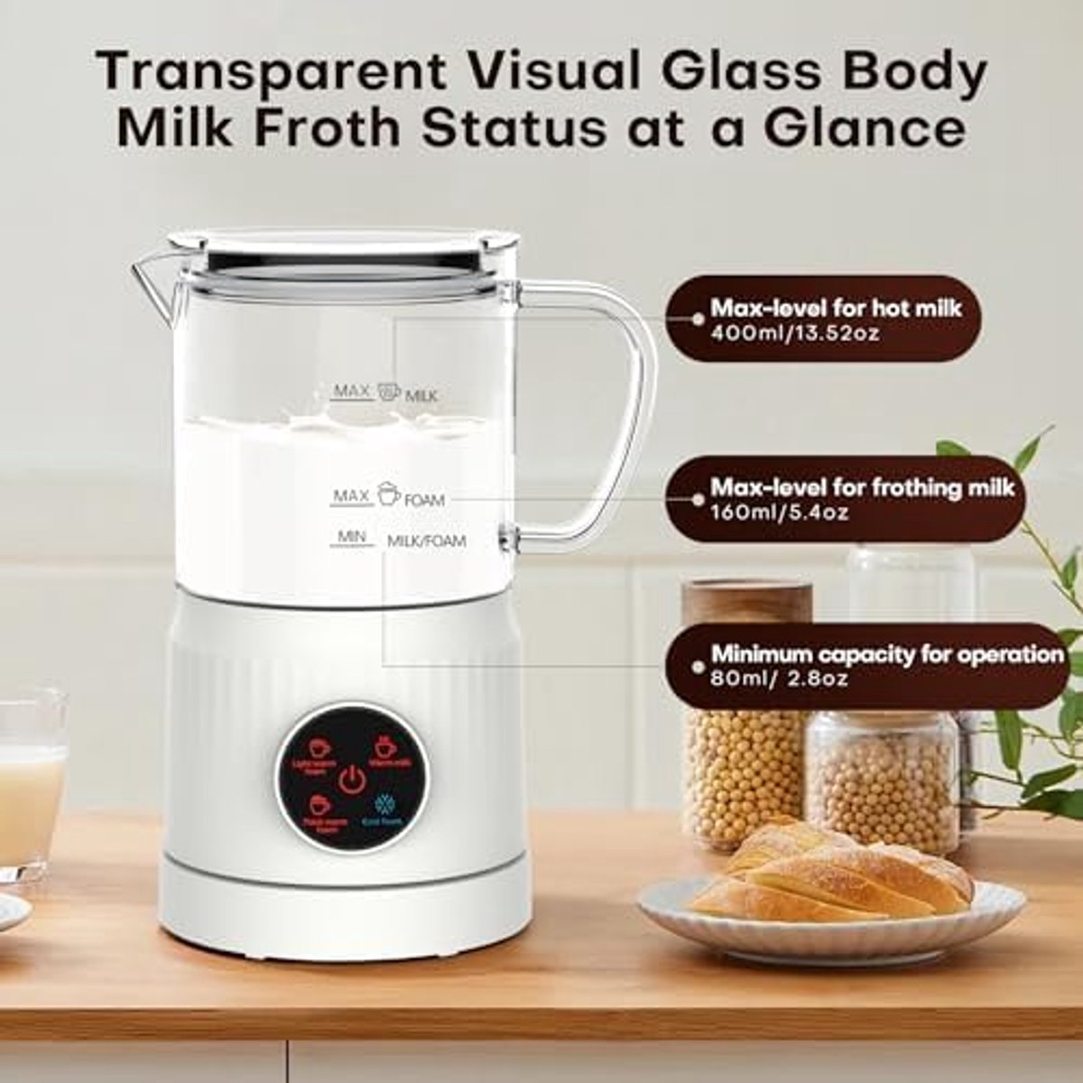 Elektrische Melkopschuimer 4-in-1 - Automatische Melkverwarmer - Koffie Schuimer voor Latte Cappuccino Macchiato - Warme en Koude Melkschuim Maker - Glazen Beker - Wit — cadeau in Kookcadeaus - foto 2