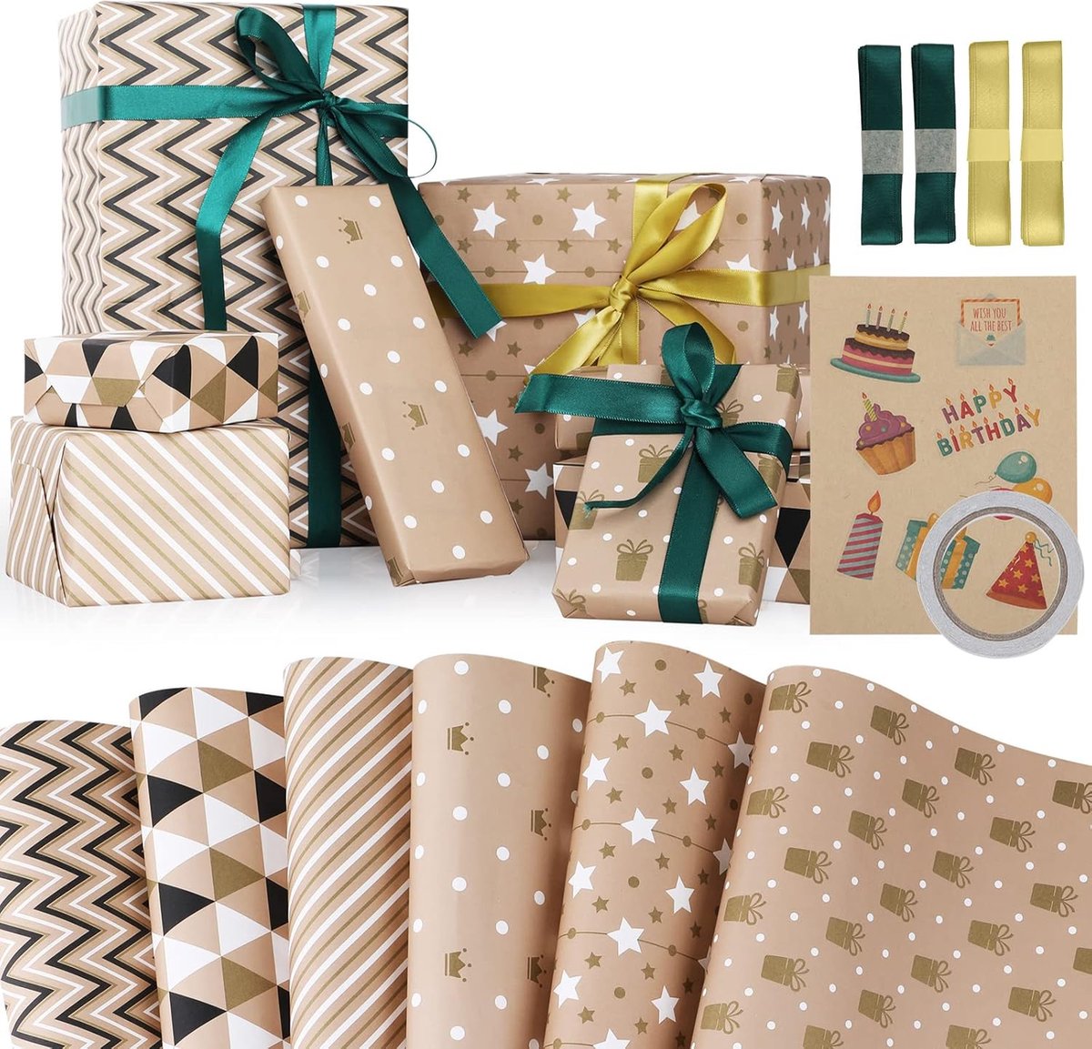 Cadeaupapier, 20 x 28 inch recyclebaar kraftpapier en 1 sticker en 4 linten voor verjaardag, Valentijnsdag, Kerstmis, afstuderen, babyshower, Pasen, doe-het-zelf handwerk