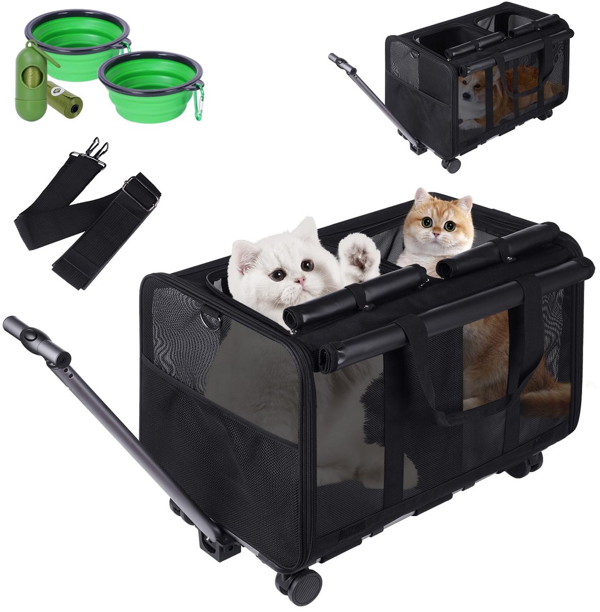 SnelShoppen - Extra Grote Huisdierdrager Voor Kat/Hond Met Twee Vakken, Afneembare Wielen, Inklapbare Roldrager Voor Kamperen, Wandelen, Zwart