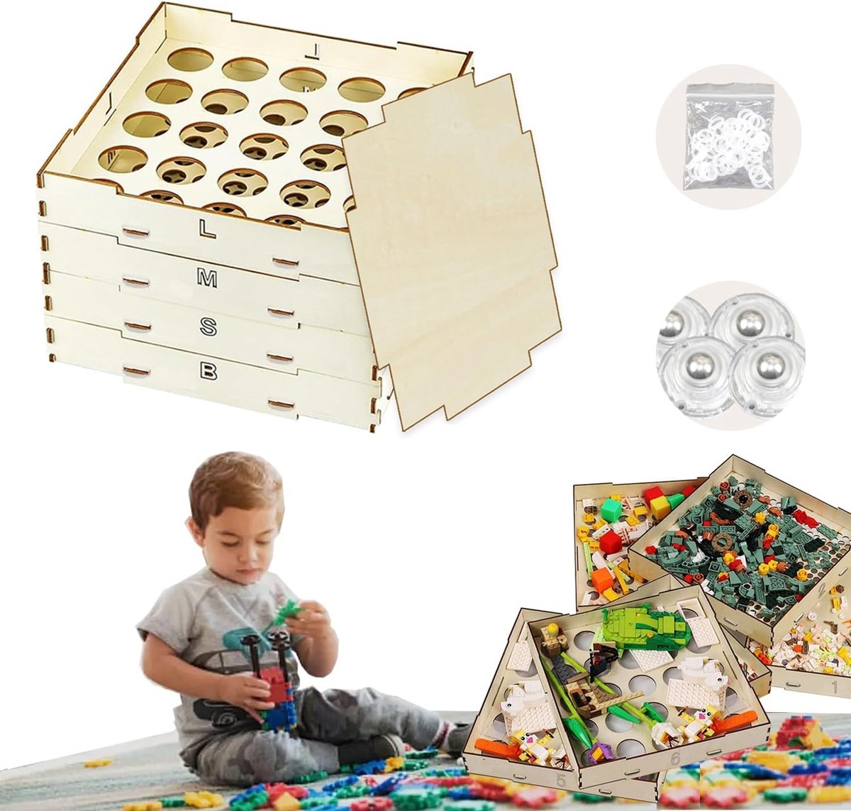 Houten sorteerdoos met 4 trays voor bouwstenen, opslag van bouwstenen, 3 verschillende maten bouwstenen sorteerders, opslag van Lego blokken