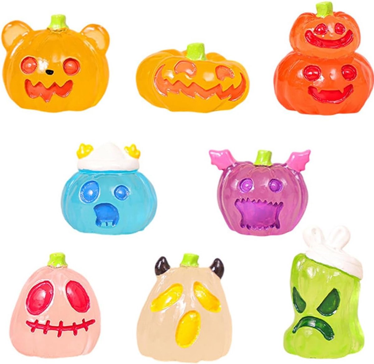8 stuks mini-pompoenkoppen van hars, mini-pluche dier, lichtgevend, kleine kleurrijke pompoenen, ideaal voor Halloween en carnavalsdecoraties.