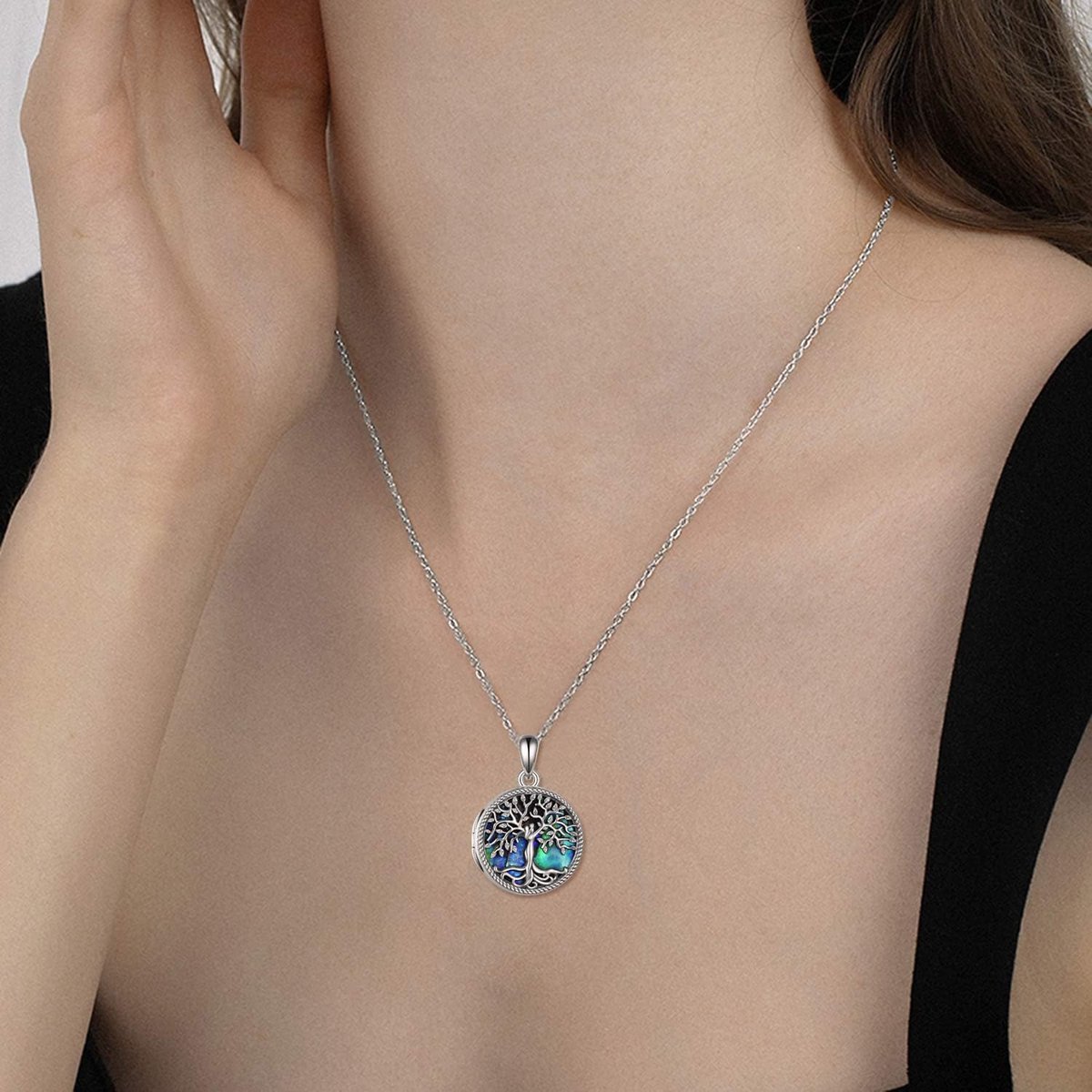 Levensboom Medaillon Ketting 925 Sterling Zilver Familie Levensboom Abalone/Maansteen/Blauwe Kristal/Zwarte Onyx/Groene Malachiet/Moeder van Parel Medaillon Ketting Houdt Foto's voor Vrouwen