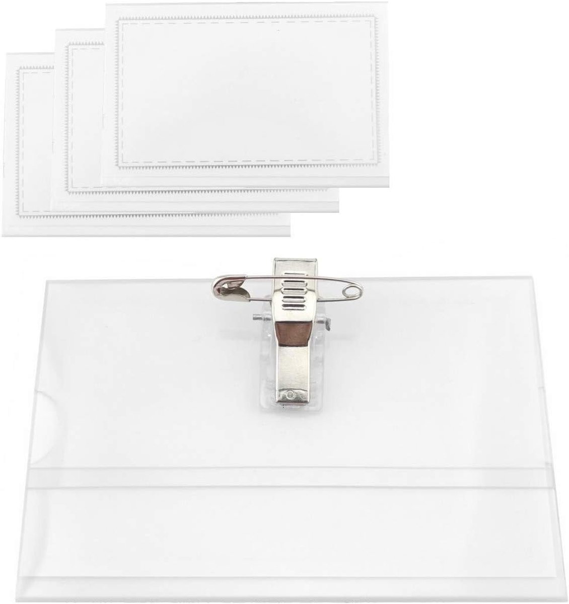Naambordjes, set van 50 stuks, B 9 cm x H 5,8 cm, horizontale naamlabels, doorzichtig, waterdicht, met clip, ID-kaarthouder met klem voor scholen, universiteit, 50 stuks