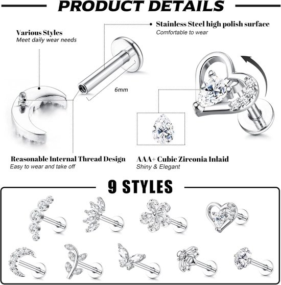 Piercings, 9 stuks, 16G helix piercings, tragus, kraakbeen, oorbellen voor dames, oorknopjes, set, tragus helix conch oorbellen, labret, zirkonia, oorbellen, vlinder, maan, goud, zilver, oor, — afbeelding 5