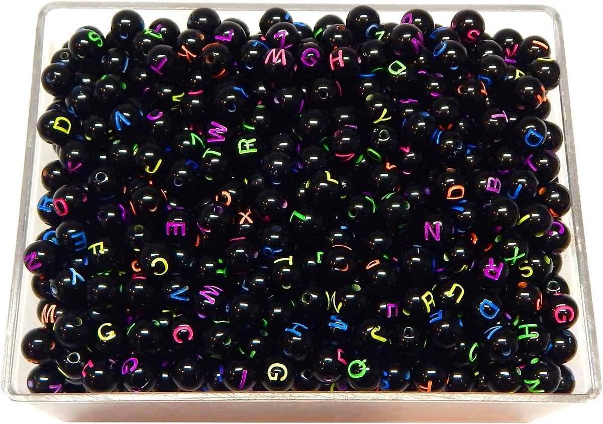 Kralen om te rijgen, zwart, A-Z, 8 mm, ronde letterkralenset met kleurrijke letters, 200 stuks