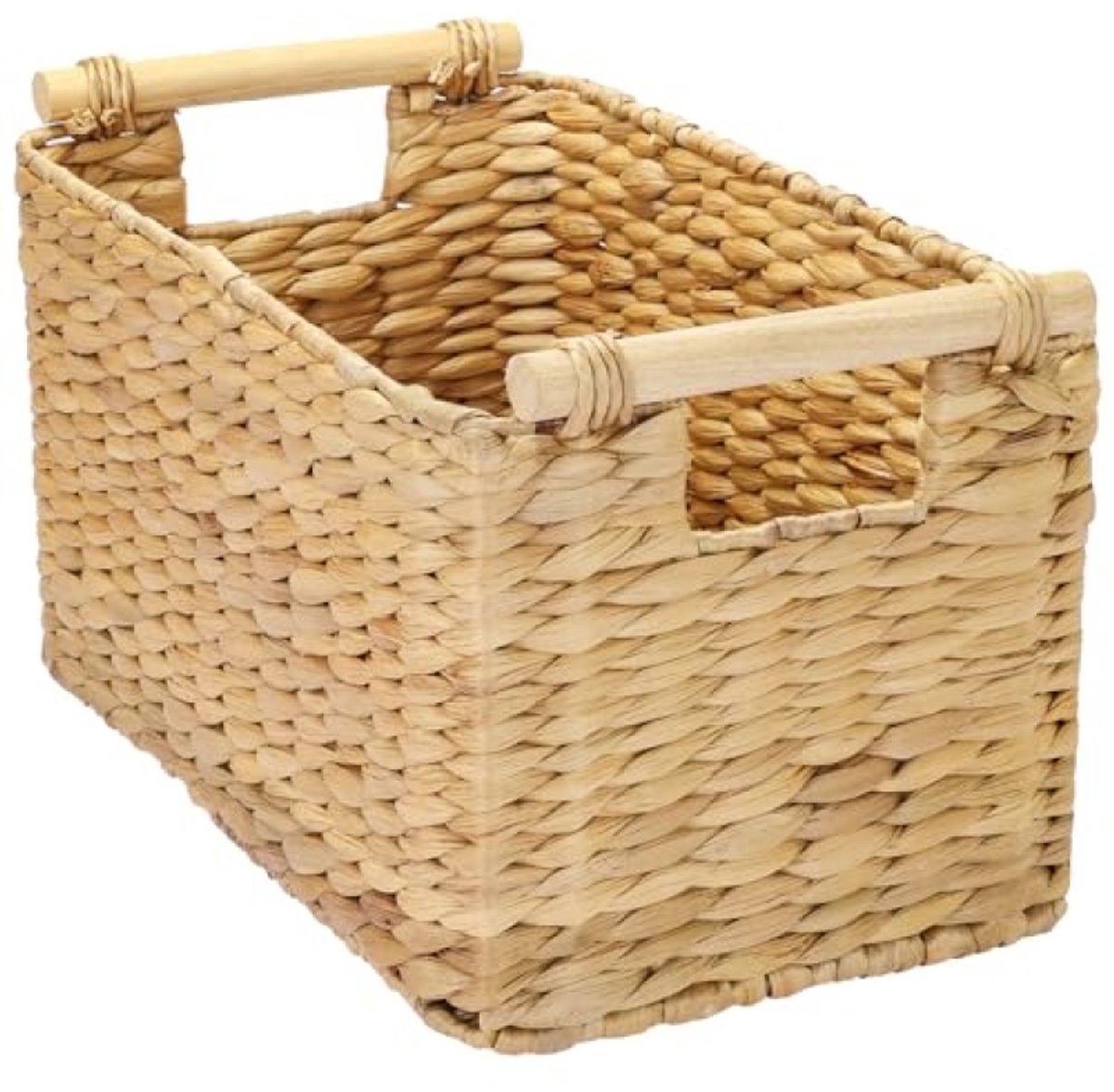 Huis Geluk Opbergmand gevlochten van Waterhyacint, decoratieve Mand met houten Handgrepen voor opbergen in Badkamer, Woonkamer, Keuken | 37 x 22 x 20 cm | natuurkleur