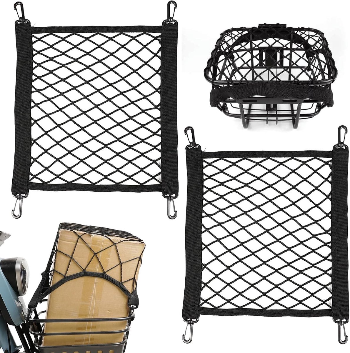 Bagagenet voor de auto, 2 stuks bagagenet voor fiets, 30 x 30 cm, fietsnet, motorhelmnet, elastisch opbergnet met elastiek, motornet, nettas voor elektrische scooters en fietsen