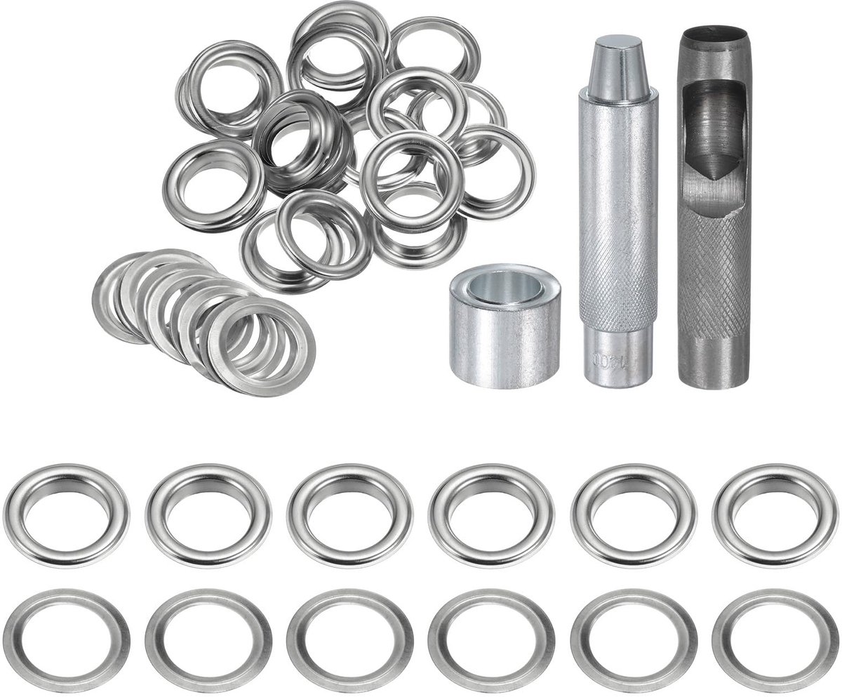 Set van 20 stuks koperen ringen met perforator, perforator, gereedschap voor oogjes voor kleding van leer, stof, zilverkleurig, 20 stuks