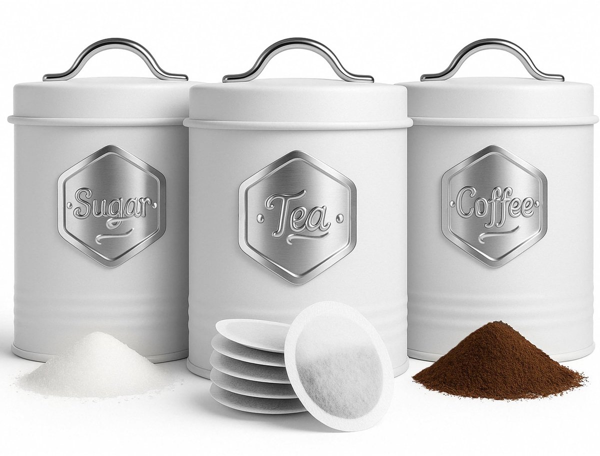 Witte thee koffie suiker canisters - stijlvolle 3-delige canisters sets voor de keuken, suiker koffie thee opslag set met luchtdichte, gelabelde containers (3 stuks, wit/zilver)